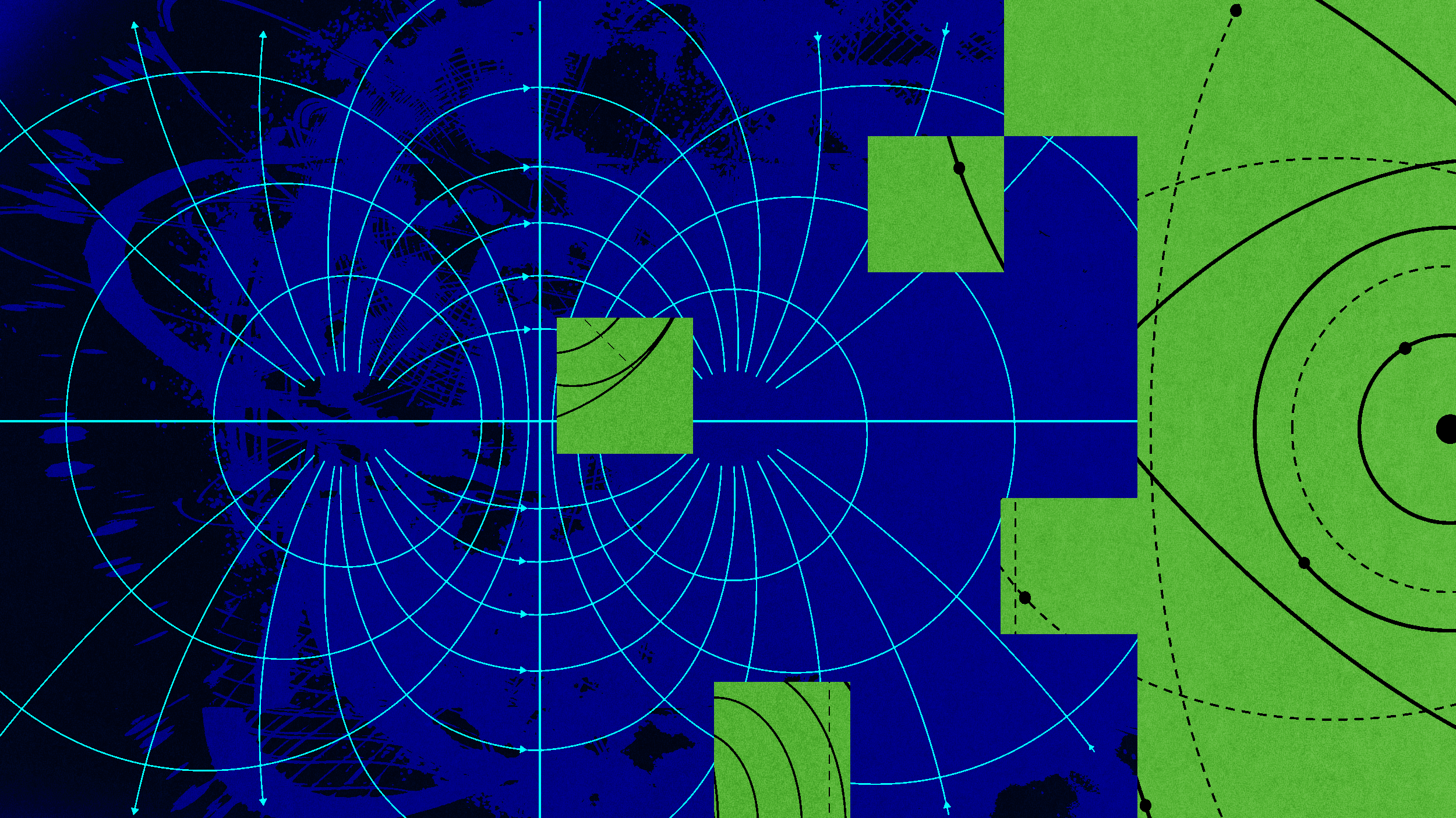 Abstract digital artwork featuring concentric blue circles, lines, and green geometric shapes over a dark blue and black textured background, evoking a sense of vibe physics within its captivating composition.