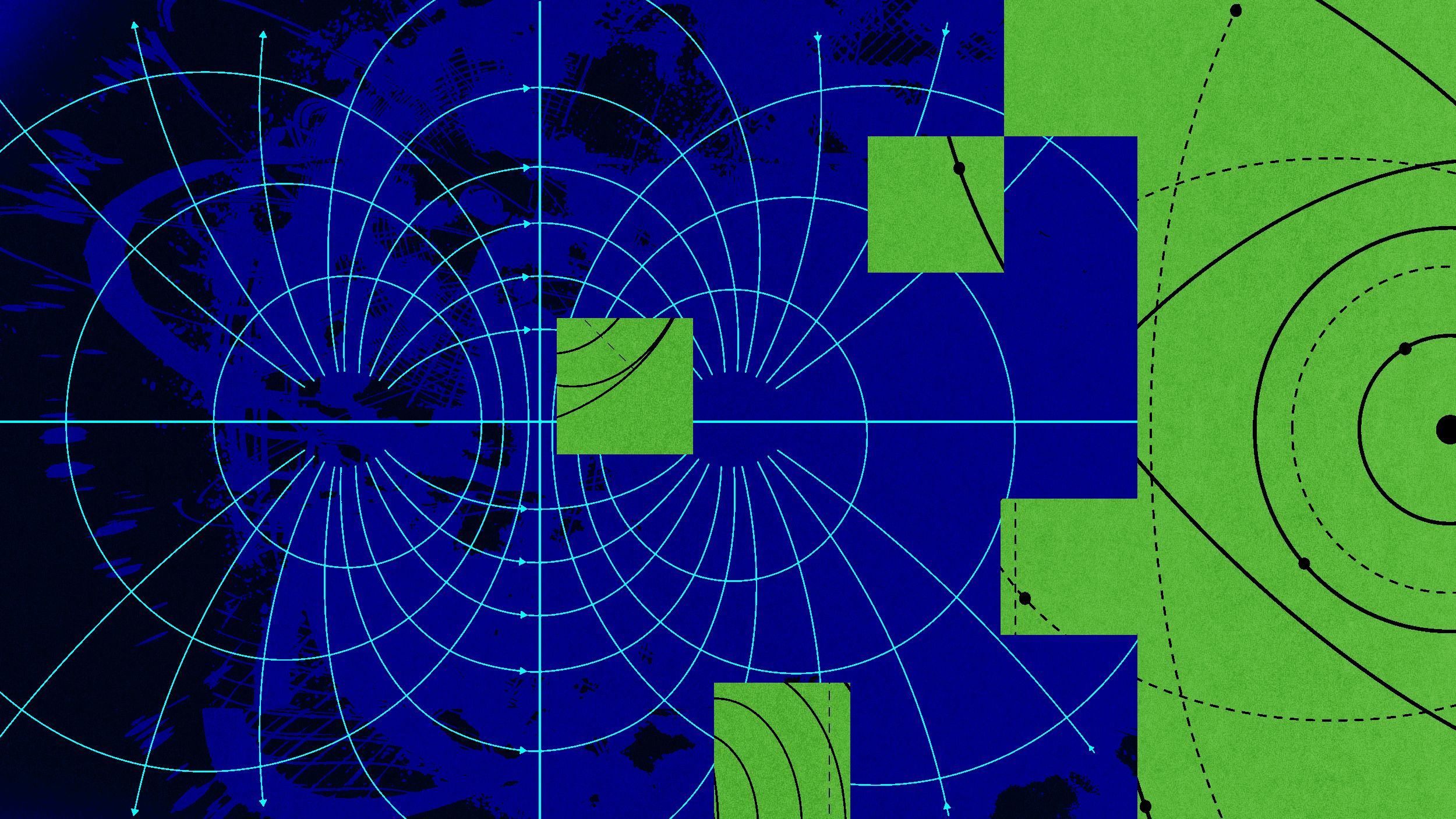 Abstract digital artwork featuring concentric blue circles, lines, and green geometric shapes over a dark blue and black textured background, evoking a sense of vibe physics within its captivating composition.