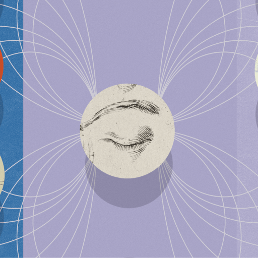 Abstract illustration featuring five circles with various designs connected by curved white lines on a purple and blue background, symbolizing science or interconnected concepts.