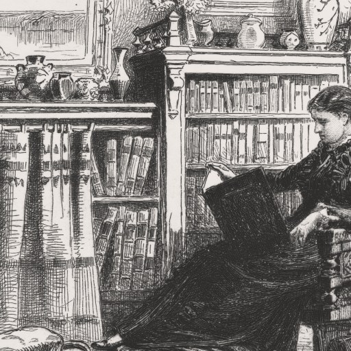 A woman sits in a Victorian-style room, reading a large book of classic books. She is surrounded by bookshelves, decorative objects, and a curtained window letting in natural light.