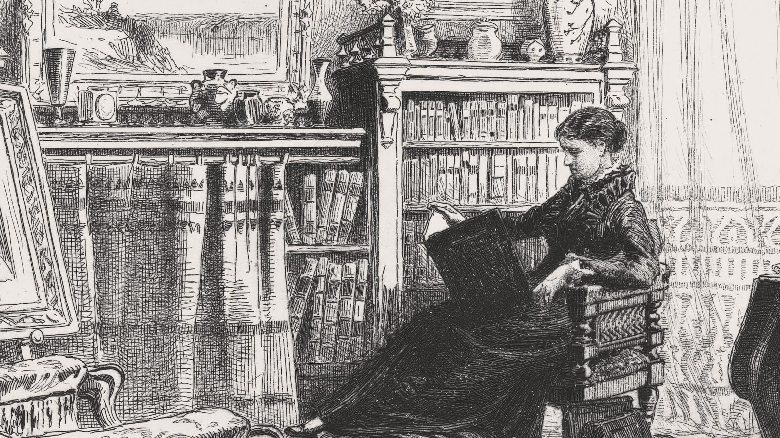 A woman sits in a Victorian-style room, reading a large book of classic books. She is surrounded by bookshelves, decorative objects, and a curtained window letting in natural light.