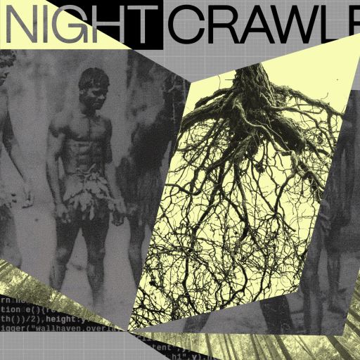 Collage featuring "THE NIGHTCRAWLER" text, a black-and-white photo of a person, tree roots reminiscent of smart forests, and code fragments, all overlaid on a gray grid background.