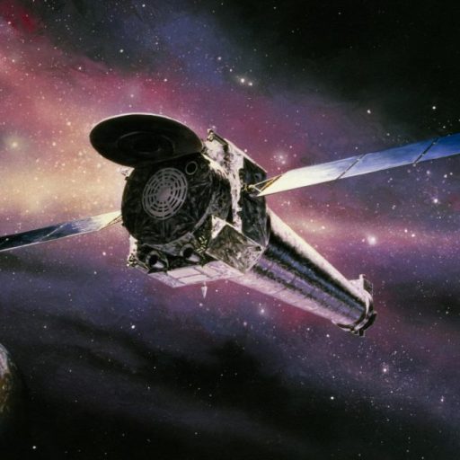 A satellite with large solar panels orbits above Earth against a colorful space background, where the cosmic clouds resemble the Hand of God carved by a dead star.