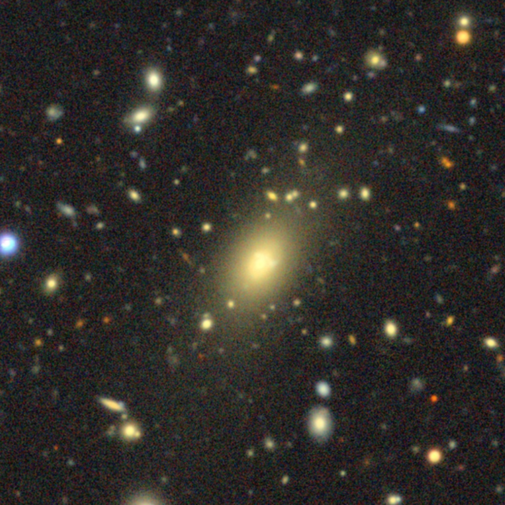 Image of a dense star field with a large, bright elliptical galaxy&mdash;possibly harboring the heaviest black hole&mdash;at the center, surrounded by numerous smaller galaxies and stars against a dark background.