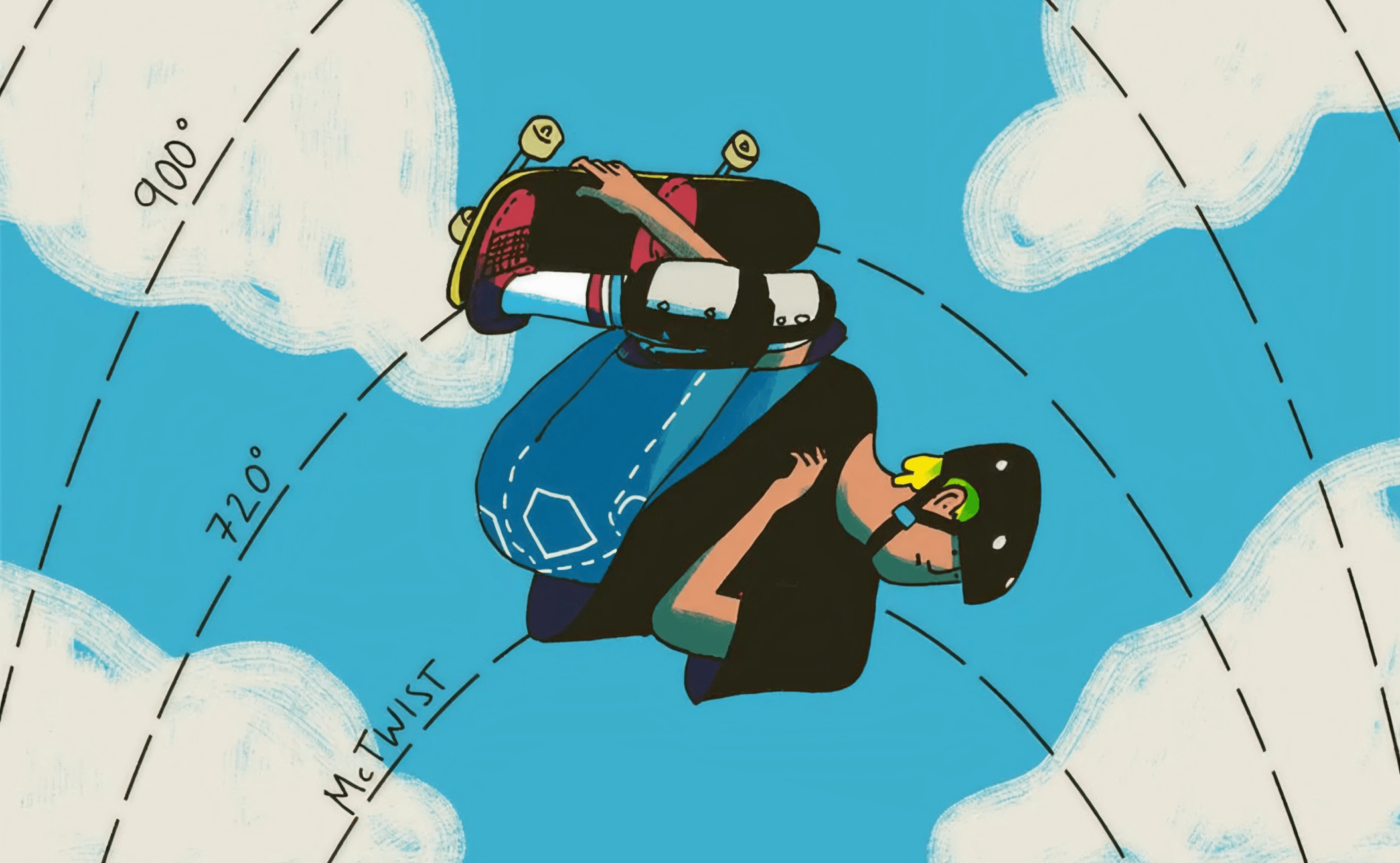 Illustration of a skateboarder in mid-air performing a trick, with labeled rotation angles (720°, 900°) and the term “McTwist” on a blue sky background with clouds.