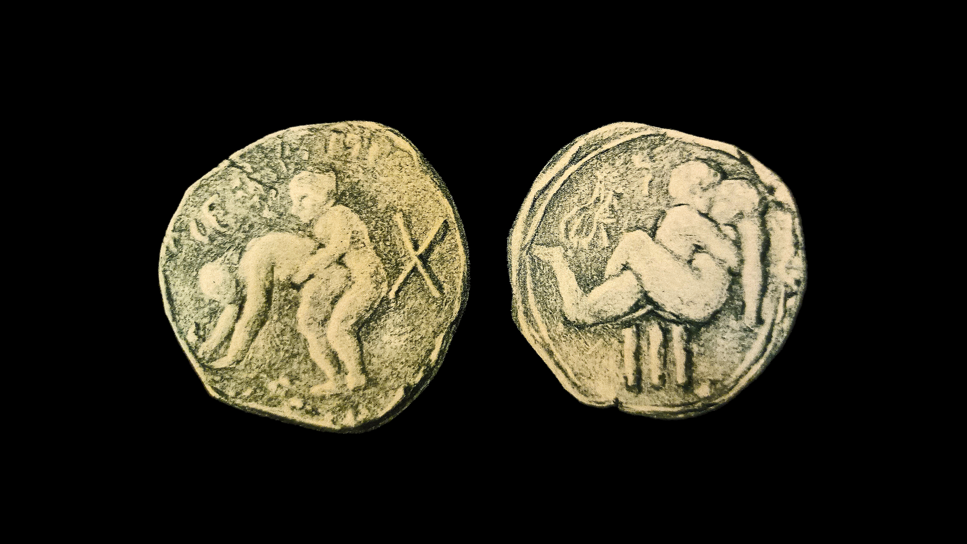 Two ancient coins depicting explicit erotic scenes with human figures in sexual positions, shown against a black background.