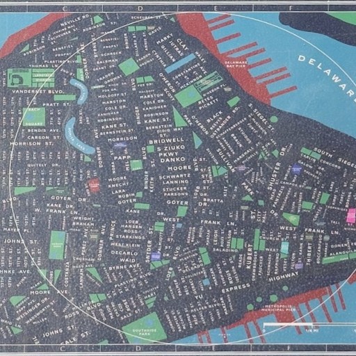 Illustrated map showing streets, parks, and landmarks of a coastal city bordered by Hob's River and Delaware Bay, with a compass rose in the lower right corner.