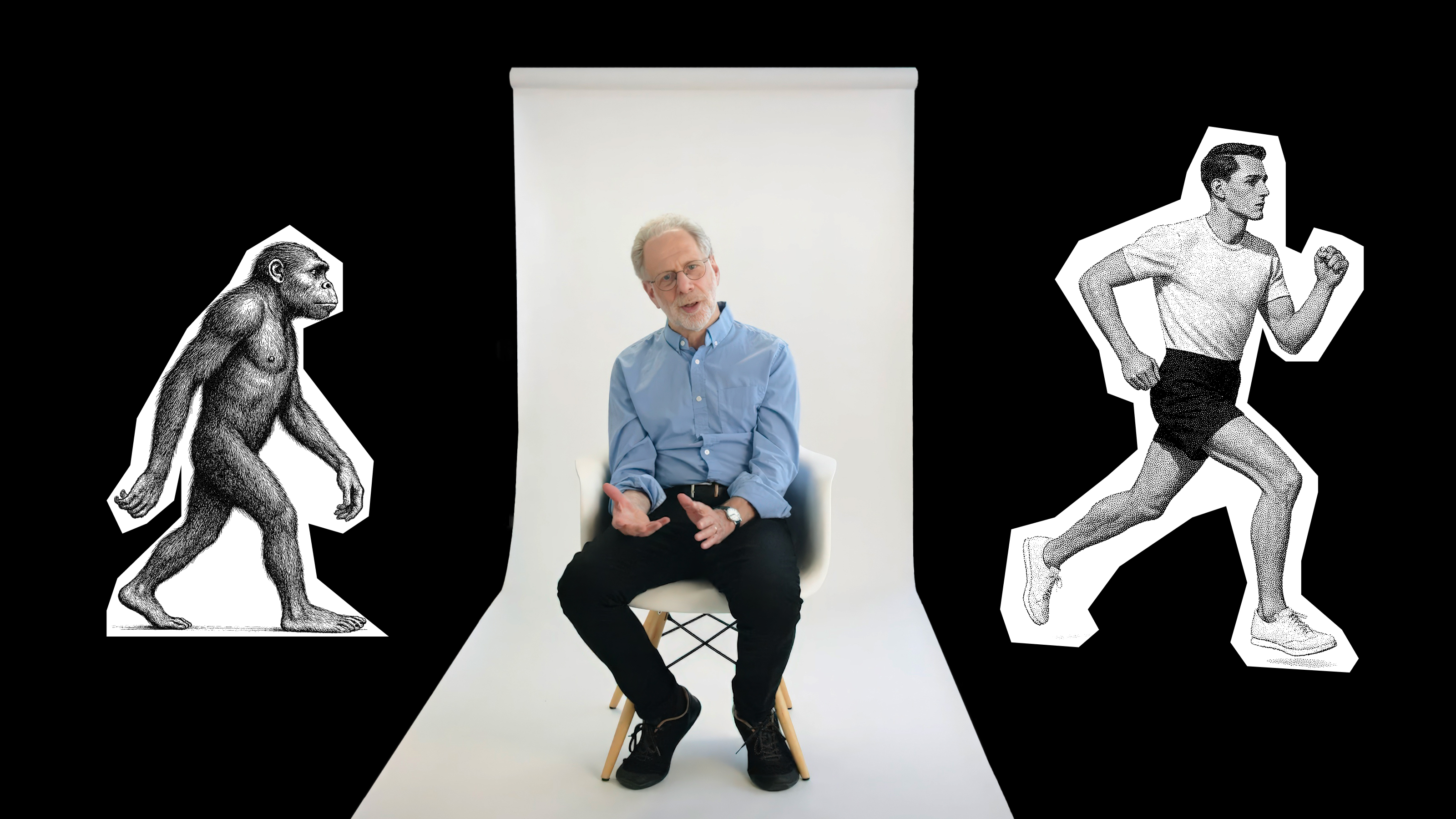 A man sits on a chair in a photo studio, flanked by black-and-white illustrations of an early human ancestor on the left and a modern man running on the right.
