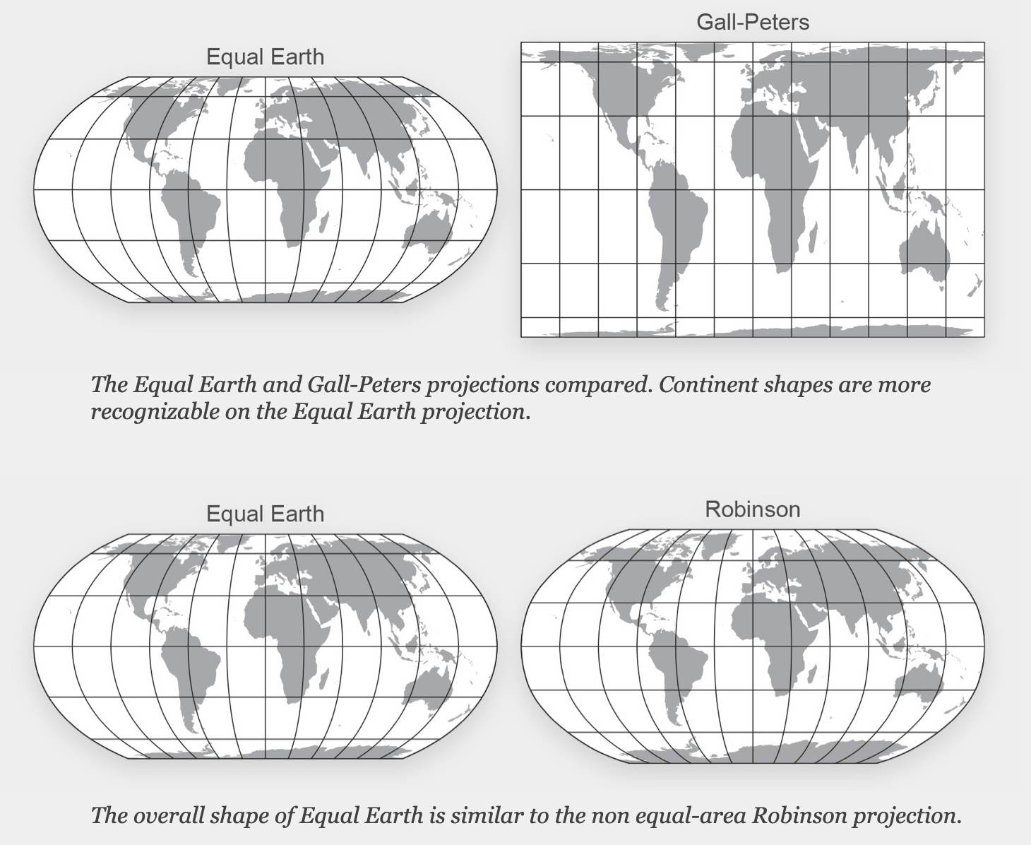 Four world maps compare the Equal Earth, Gall-Peters, and Robinson projections, showing differences in continent shapes and overall map forms.