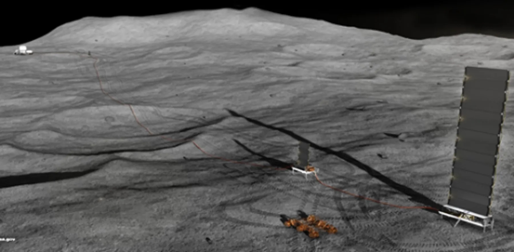 A robotic rover travels across a rocky lunar surface, leaving tracks behind, while a NASA solar panel array and a compact nuclear reactor stand upright nearby.