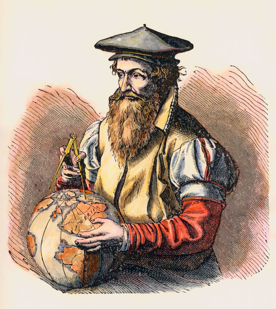 Illustration of a bearded man in historical clothing holding dividers and a globe, appearing to measure or study the world.