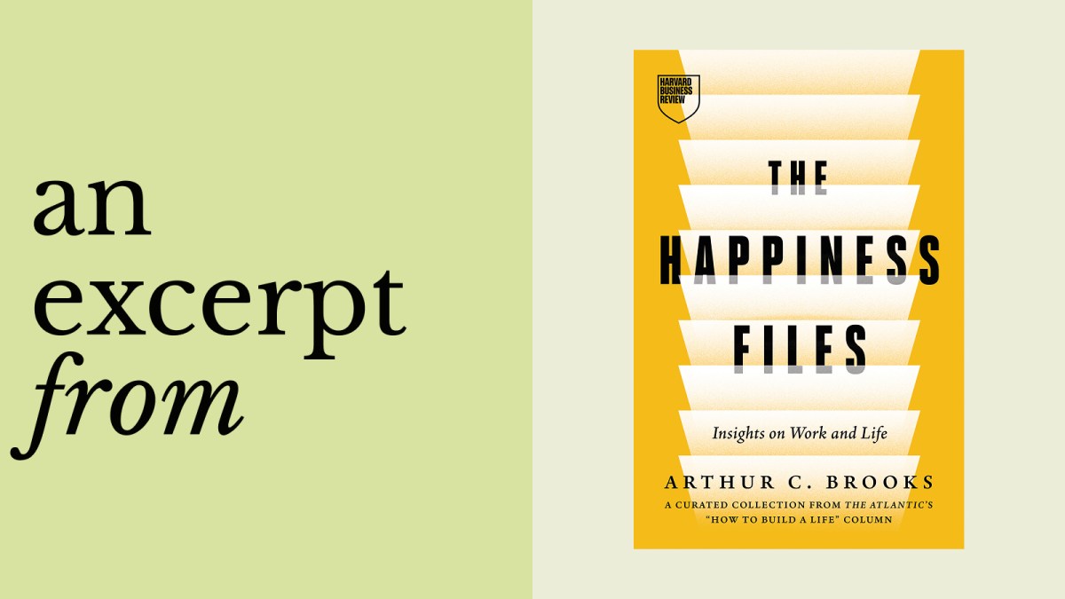 Book cover of "The Happiness Files" by Arthur C. Brooks on a yellow background, alongside the text "an excerpt from Arthur C. Brooks" on a light green background.
