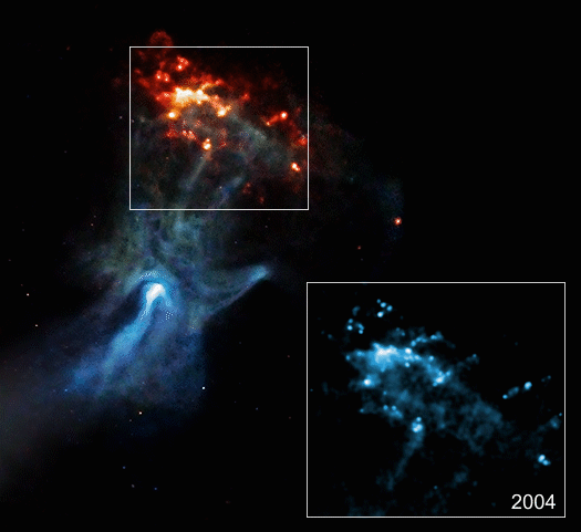 Composite image of a nebula where a dead star&rsquo;s explosive energy appears to carve the cosmic &ldquo;Hand of God,&rdquo; with close-up insets highlighting changing features from 2004 to a later, undated observation.