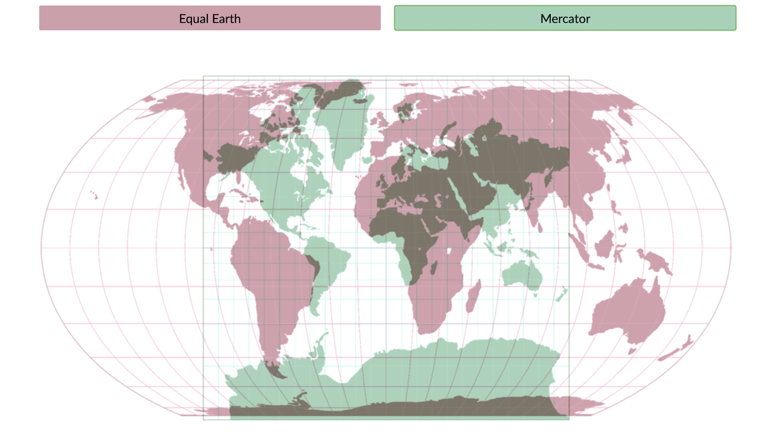 A world map comparing landmass outlines of the Equal Earth projection in pink and Mercator projection in green, with grid lines overlaid.