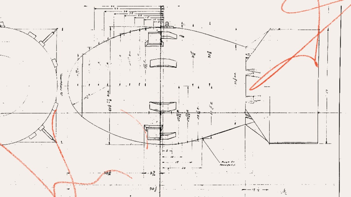 Technical drawing of an oval-shaped mechanical object with measurements and annotations, overlaid with orange scribble lines, subtly hinting at themes of colonial propaganda.