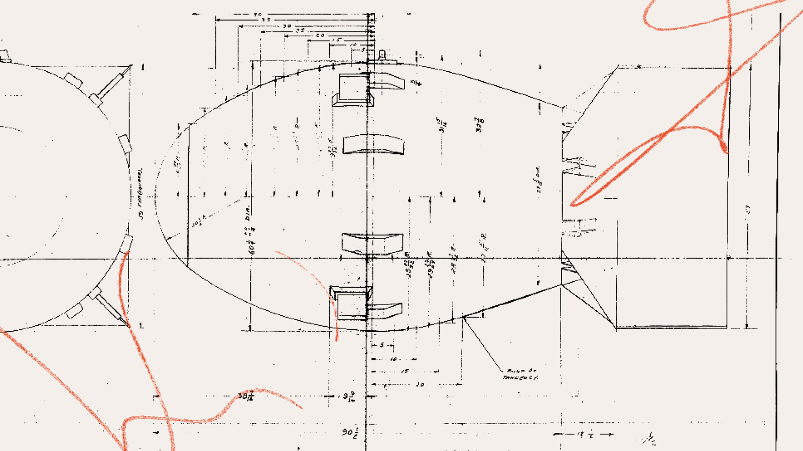 Technical drawing of an oval-shaped mechanical object with measurements and annotations, overlaid with orange scribble lines, subtly hinting at themes of colonial propaganda.
