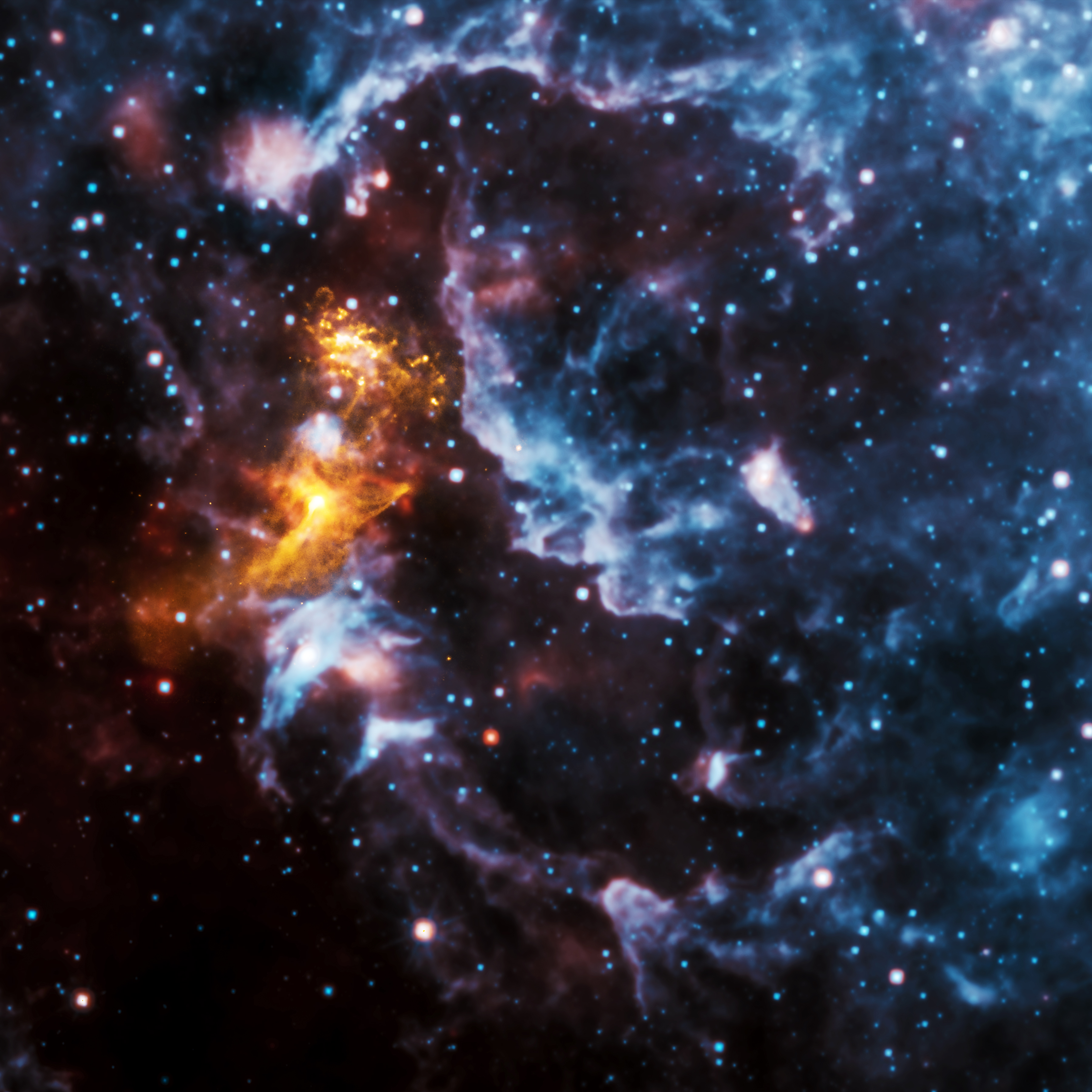 A vibrant nebula with glowing yellow and orange clouds, believed to be carved by a dead star, surrounded by blue and purple gas and numerous stars&mdash;earning it the nickname "Hand of God.
