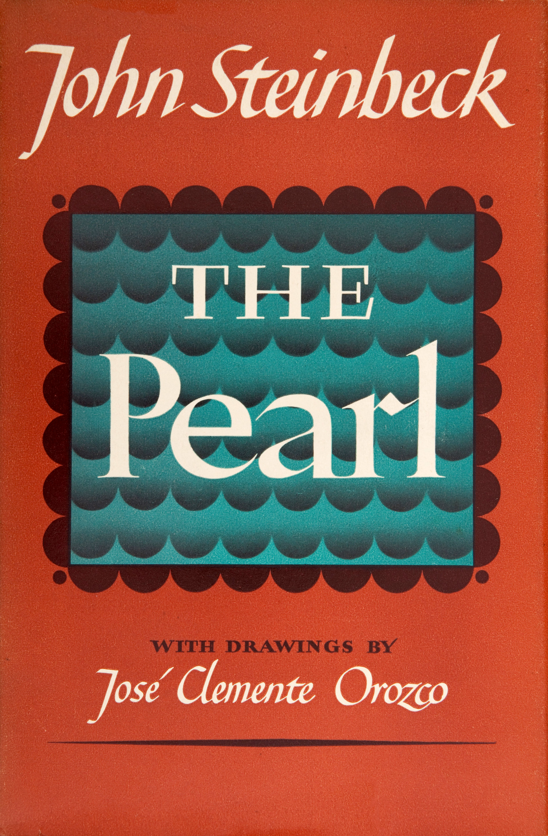 Cover of "The Pearl" by John Steinbeck, featuring a teal and black wave pattern background and text crediting drawings by José Clemente Orozco.