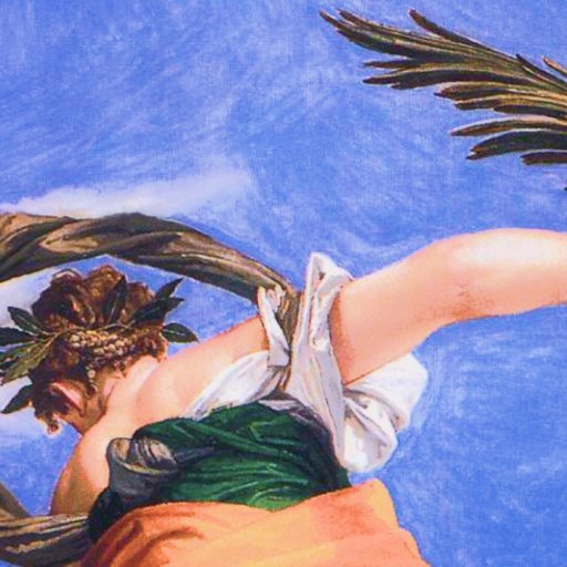 A person in classical attire holds a laurel wreath and a palm branch against a blue sky background.