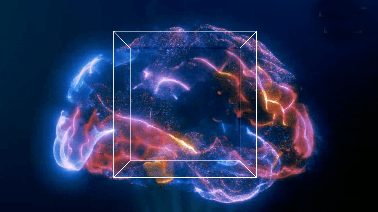 A digital illustration of a human brain with glowing neon lines and a translucent geometric cube overlay at the center.