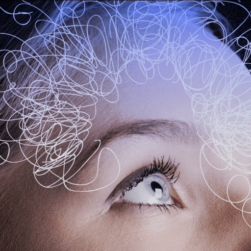 Close-up of a person's eyes looking up, with white abstract doodles and lines superimposed over their forehead, symbolizing thoughts or imagination.