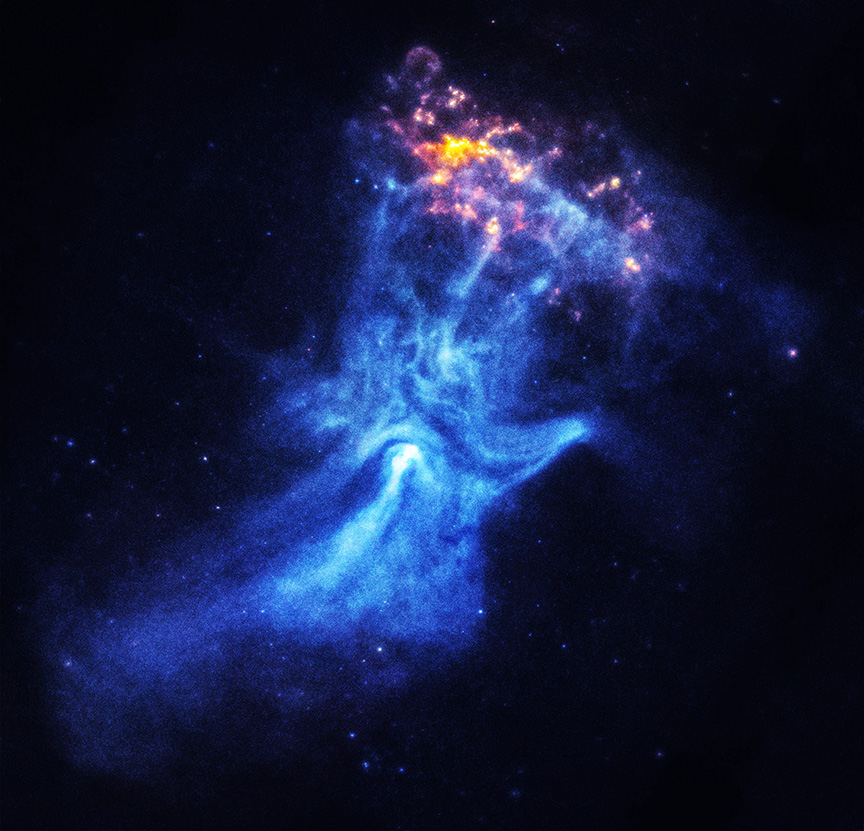 A nebula in space appears as a blue cloud with bright orange and yellow accents at the top, carved by a dead star into what&rsquo;s known as the &ldquo;Hand of God,&rdquo; surrounded by scattered stars on a dark background.