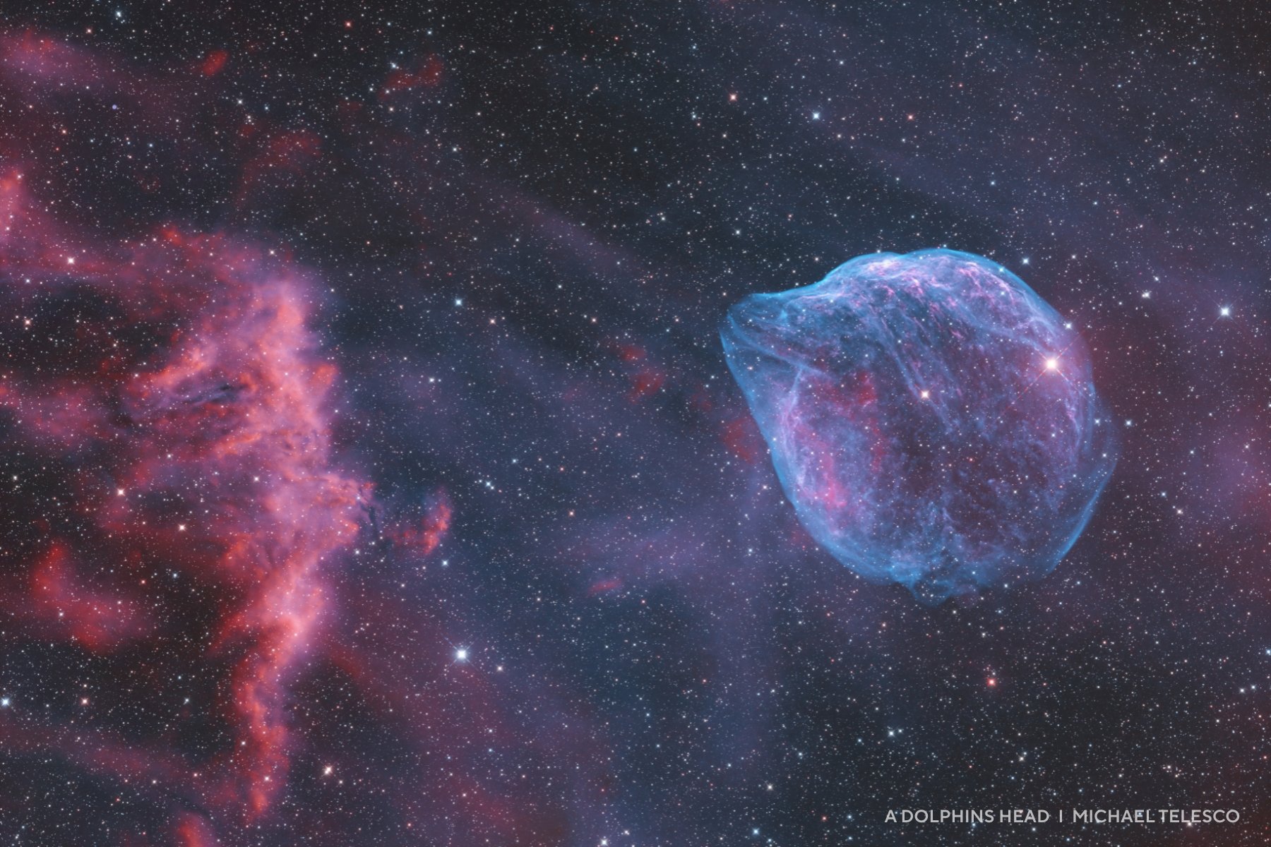 Colorful nebula in space, featuring a blue and pink cloud formation resembling a dolphin's head, shines brightly against a star-filled background&mdash;an awe-inspiring scene among 2025 night sky images.