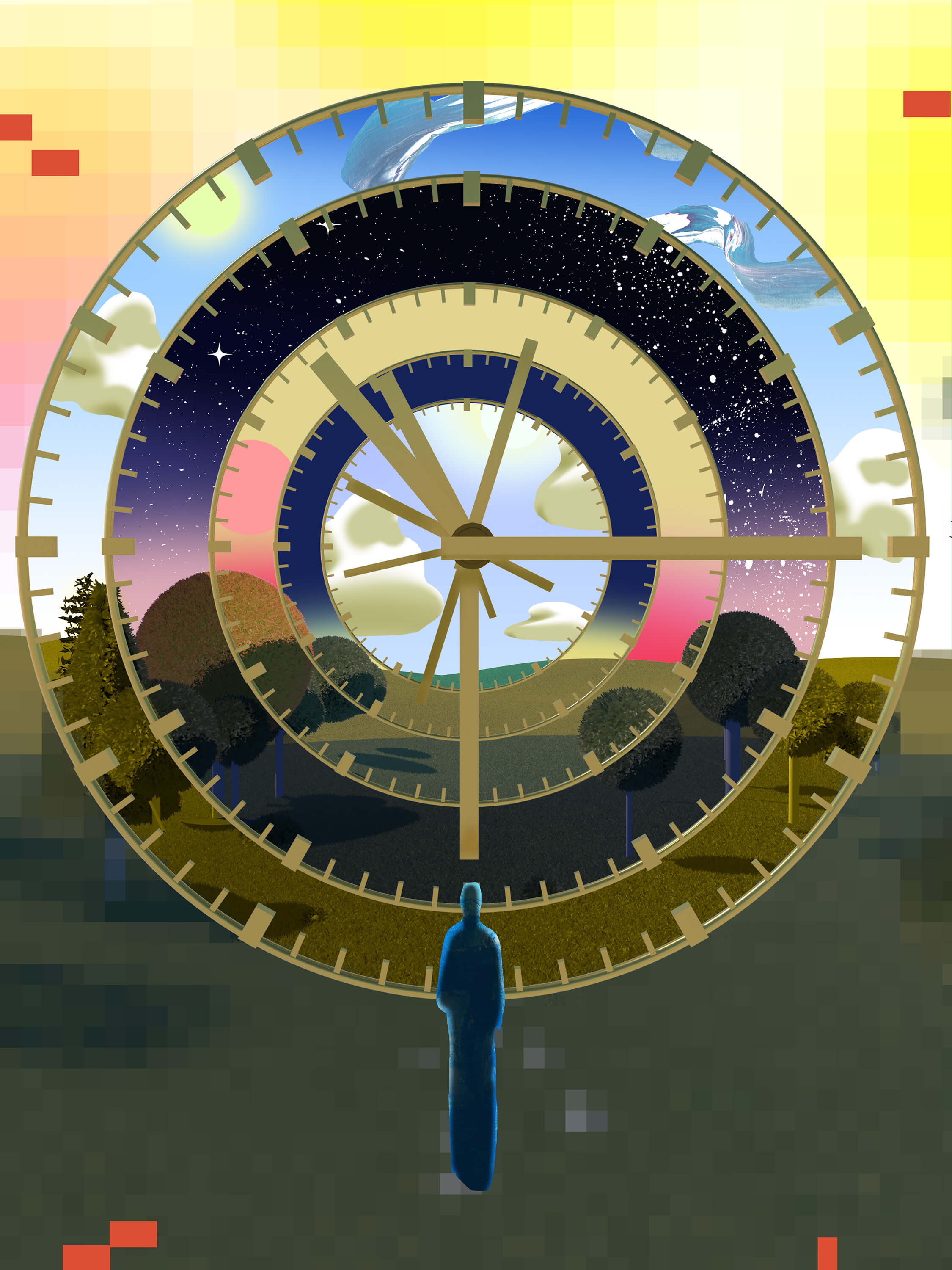 A person stands facing a large clock with multiple hands; day and night skies, clouds, and trees are visible through and around the clock face.