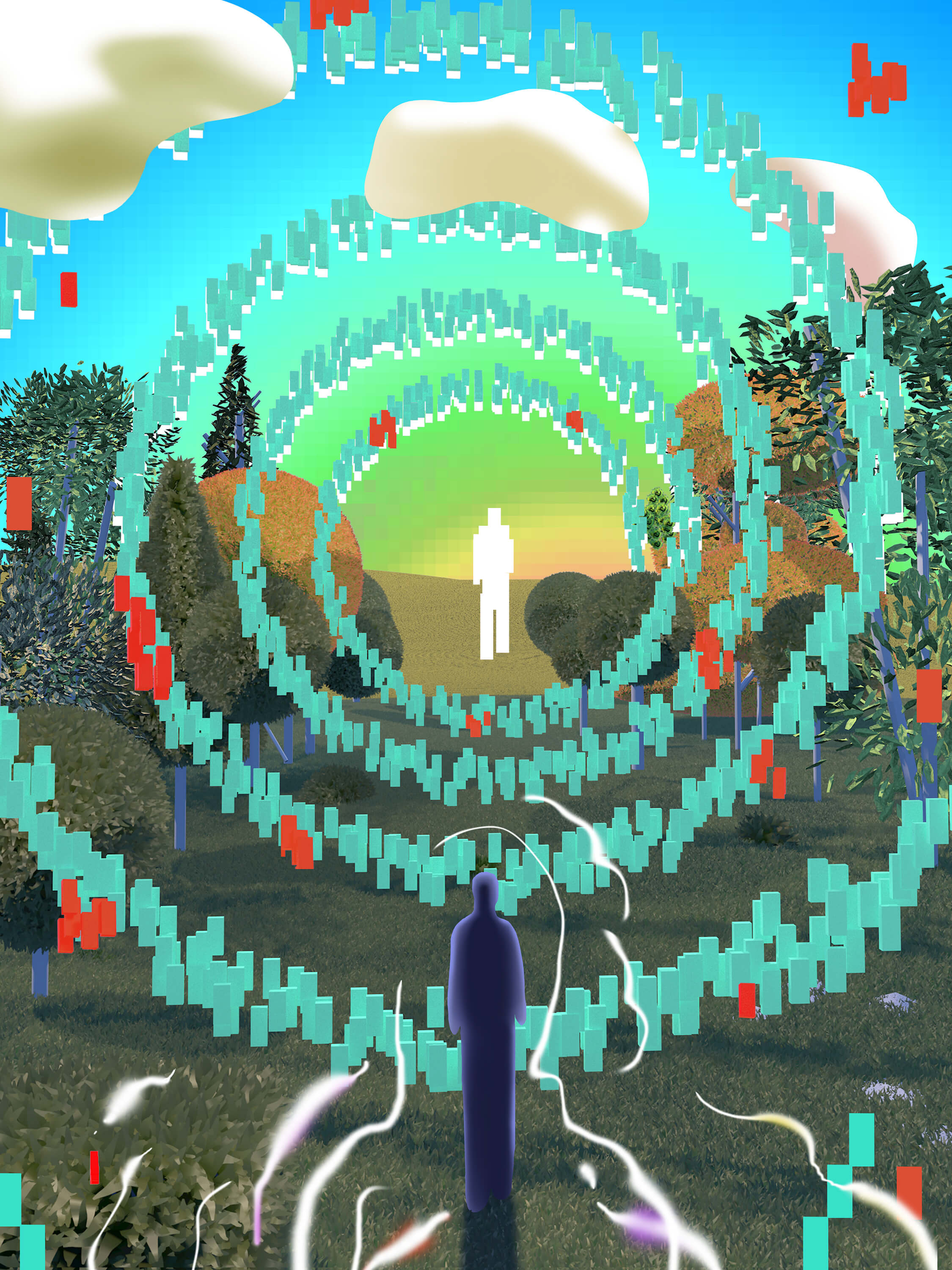 A silhouetted figure stands in a grassy landscape, facing another figure in the distance, with digital rings and pixelated shapes spiraling between them under a blue sky with clouds.