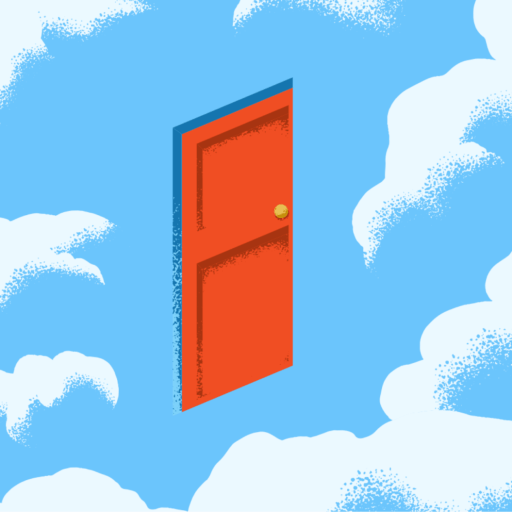 A red door with a gold doorknob is floating in the middle of a blue sky surrounded by white clouds.