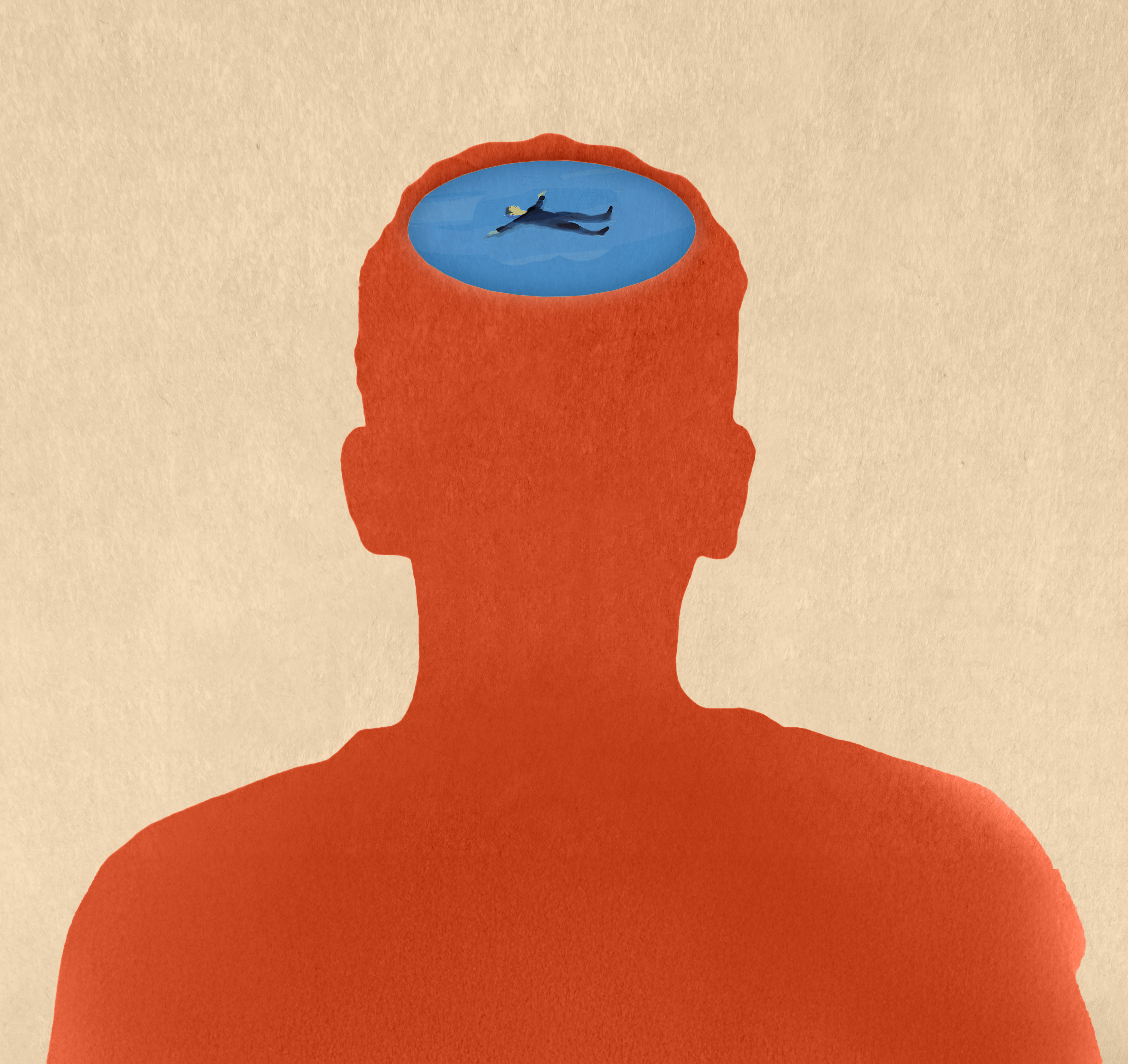 Silhouette of a person with the top of their head replaced by a blue pool, inside which a figure is floating on their back&mdash;an illustration evoking the gift of consciousness.