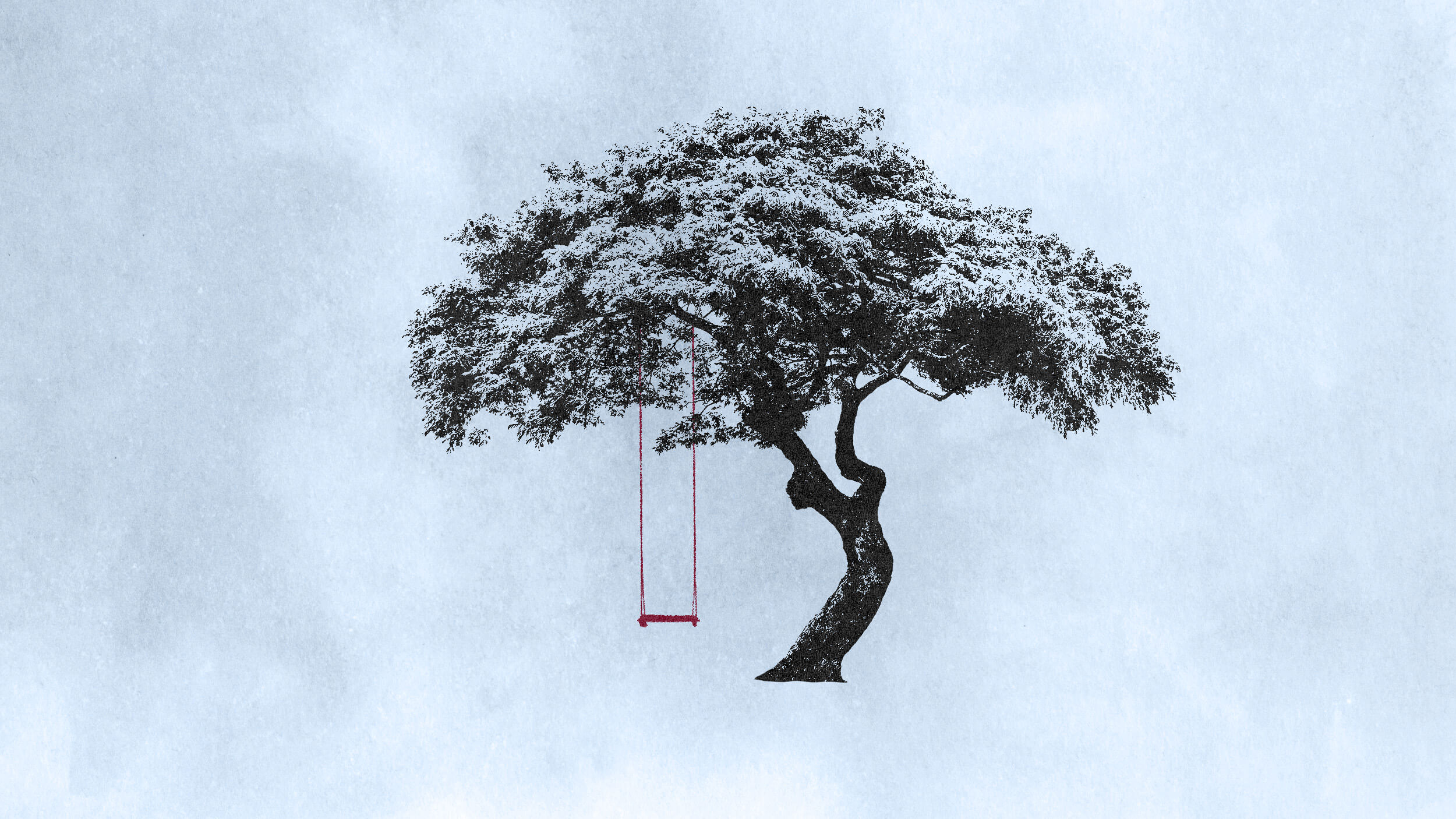 A solitary tree with a red swing hanging from one of its branches, set against a light, textured background, evokes a quiet sense of closure.