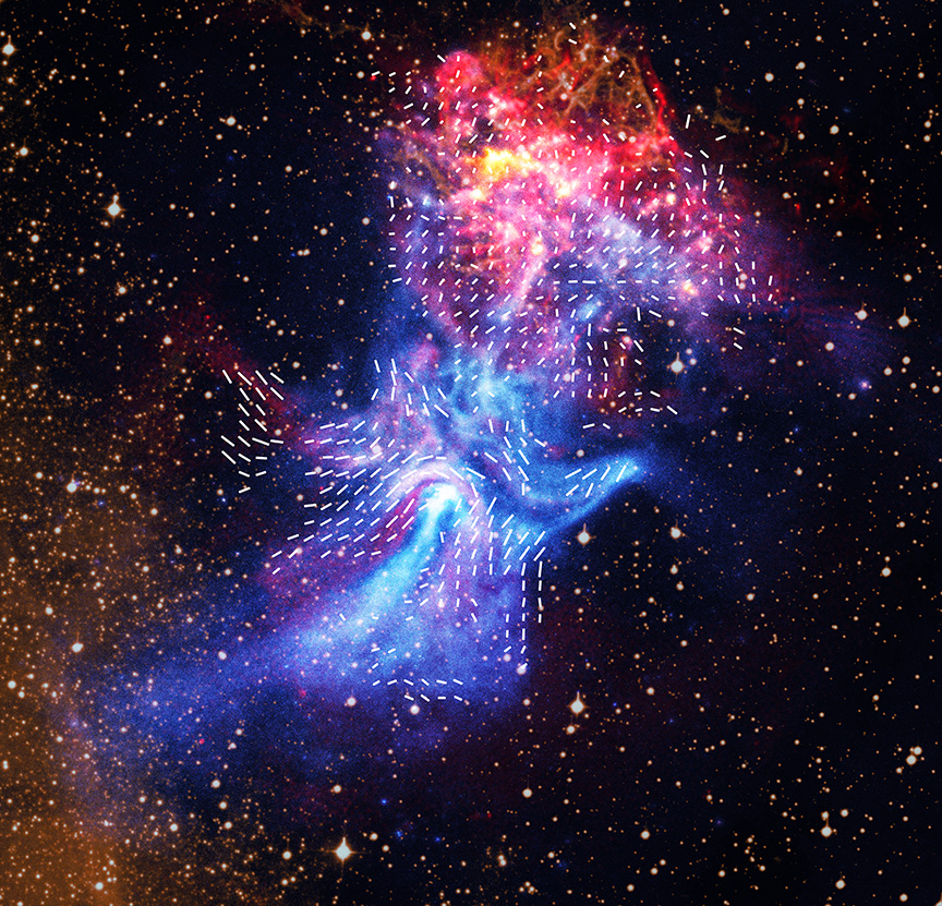 Colorful nebula in space with bright clouds in red, blue, and purple hues, carved by a dead star&mdash;white arrow indicators show the direction of magnetic fields, creating the effect known as the "Hand of God.