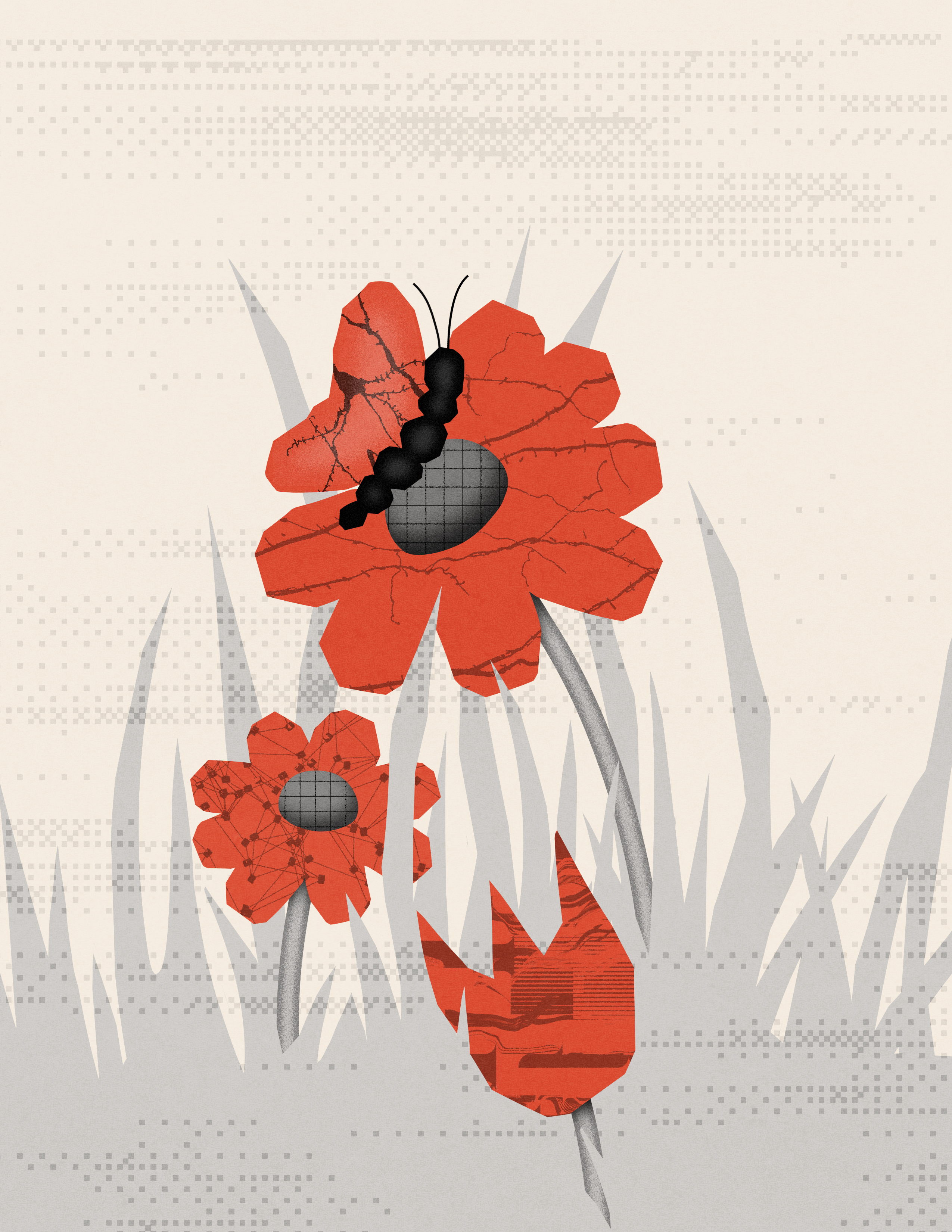 A black caterpillar crawls on a large red flower among grass, with smaller red flowers and leaves in the background on a beige, patterned backdrop.