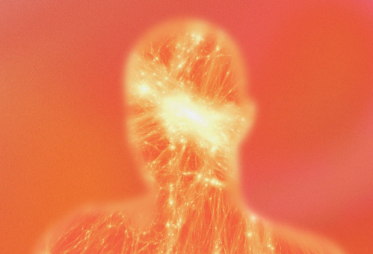 Abstract illustration of a human silhouette with glowing neural or energy-like lines against a red and orange gradient background.