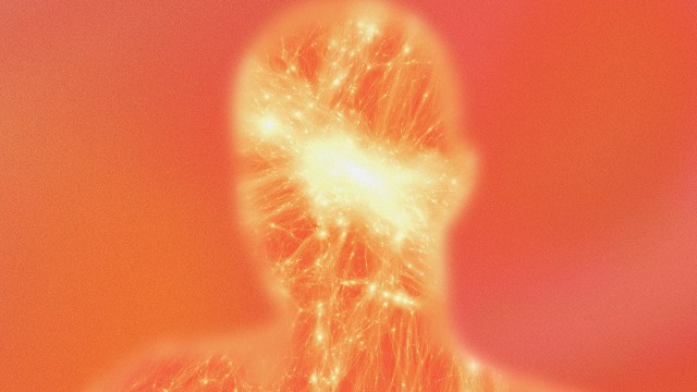 Abstract illustration of a human silhouette with glowing neural or energy-like lines against a red and orange gradient background.