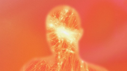Abstract illustration of a human figure with glowing neural-like lines and bright light concentrated around the head, set against a red and orange gradient background.