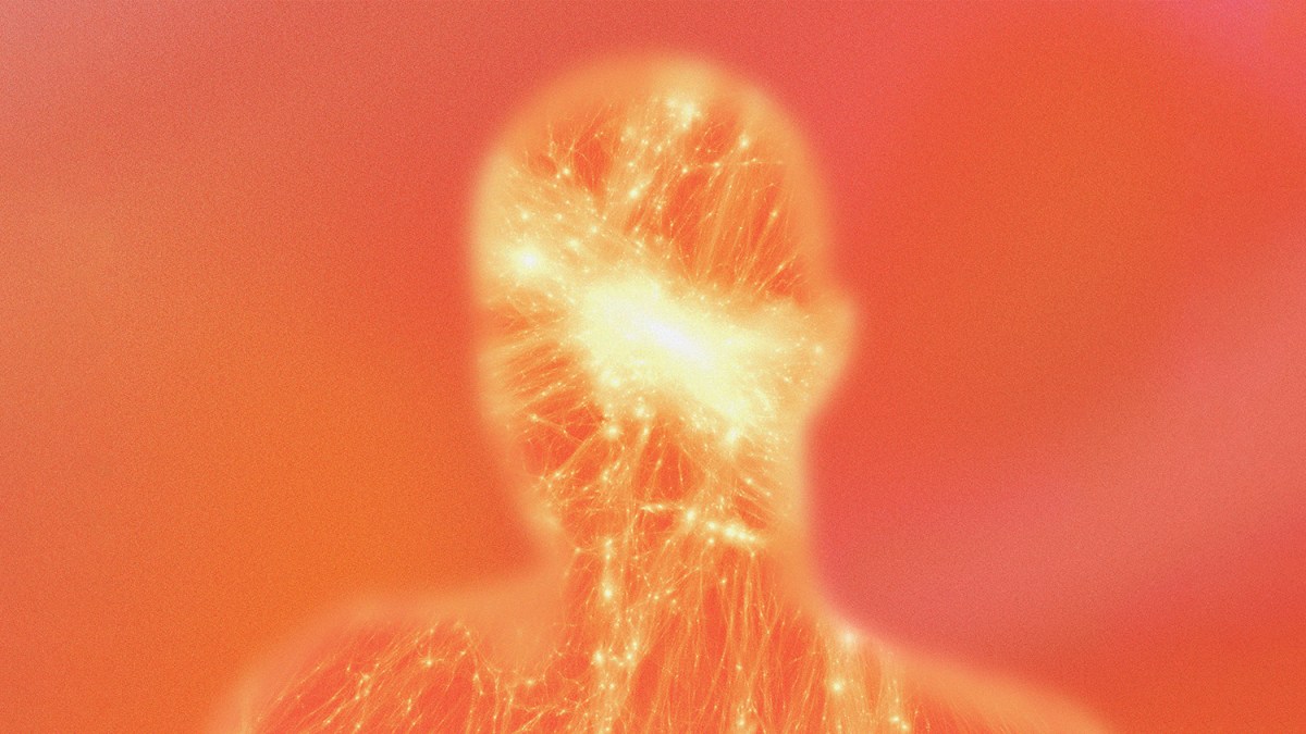 Abstract illustration of a human figure with glowing neural-like lines and bright light concentrated around the head, set against a red and orange gradient background.