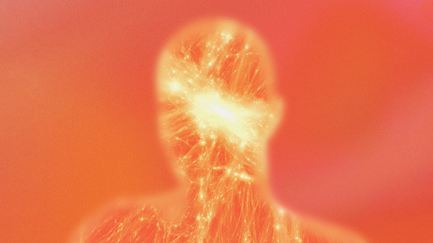 Abstract illustration of a human figure with glowing neural-like lines and bright light concentrated around the head, set against a red and orange gradient background.