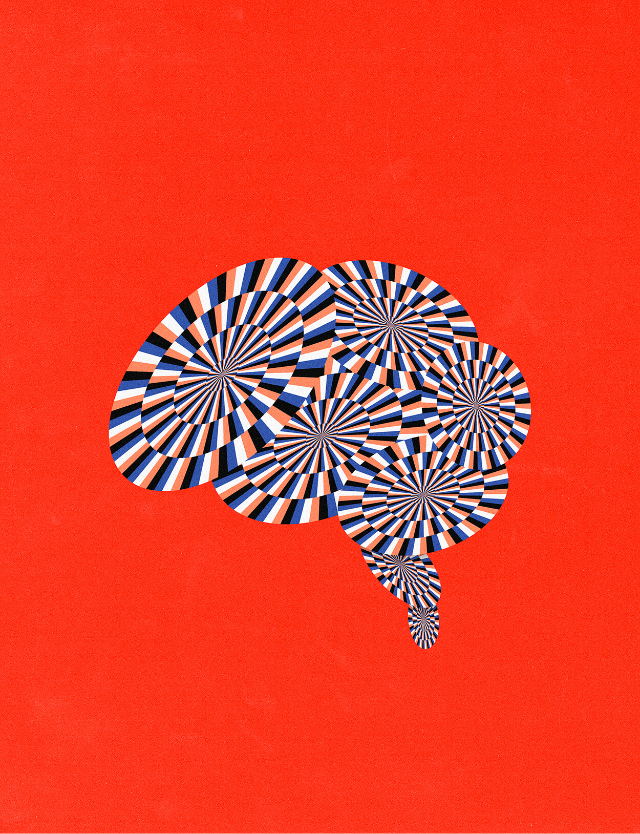 Illustration of a brain shape made from overlapping, segmented circular patterns in black, white, red, and blue on a solid red background.