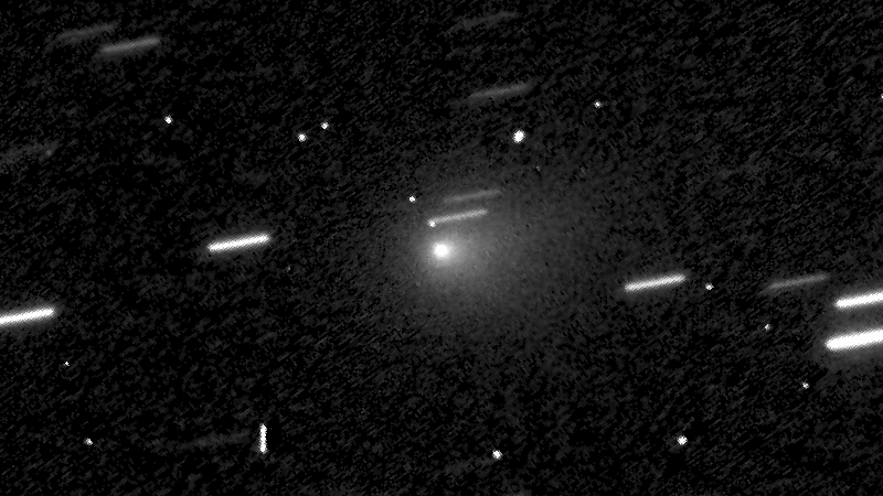 A grainy black and white image shows SPHEREx comet 3I/ATLAS gleaming at the center, surrounded by stars appearing as streaks due to long exposure.