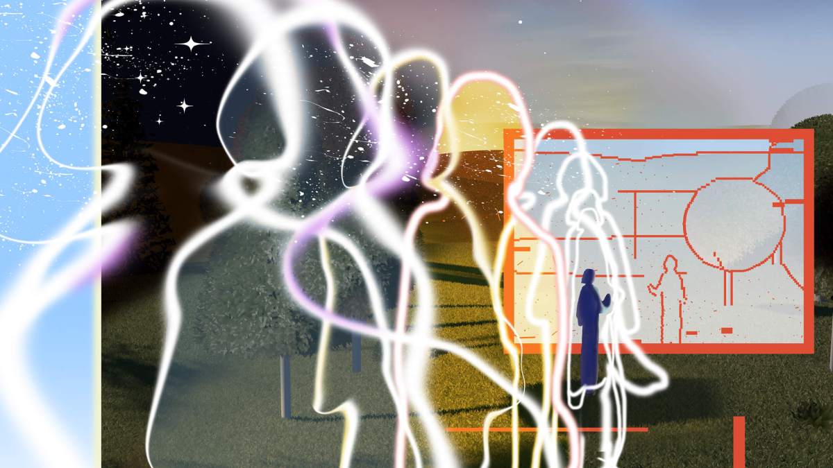 Abstract illustration of translucent human figures standing in line, with a mix of a natural outdoor scene and geometric digital elements in the background.