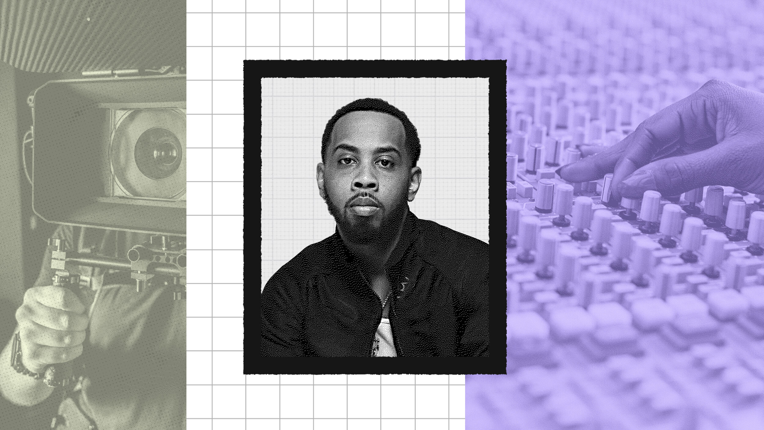 A black-and-white portrait of JoJo Simmons is centered between an image of a film camera on the left and a close-up of a hand adjusting audio mixing controls on the right.