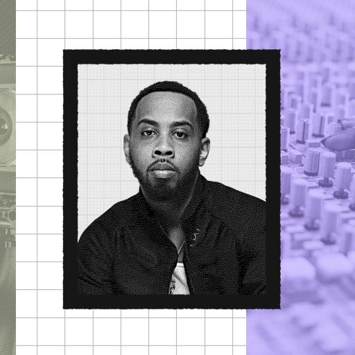 A black-and-white portrait of JoJo Simmons is centered between an image of a film camera on the left and a close-up of a hand adjusting audio mixing controls on the right.