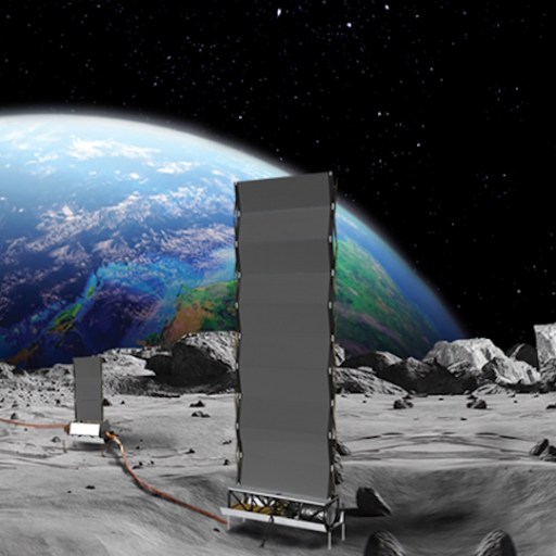 Two tall, rectangular scientific instruments, including a NASA nuclear reactor prototype, stand on the rocky lunar surface with Earth visible in the background against the blackness of space.