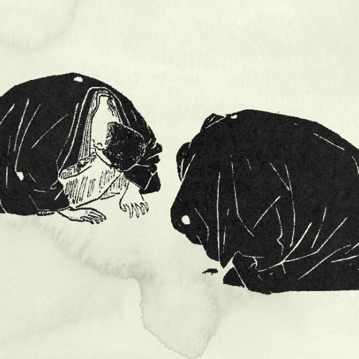 Two figures in dark robes bow deeply toward each other on a light background, evoking the spirit of naikan in a traditional Japanese ink illustration style.