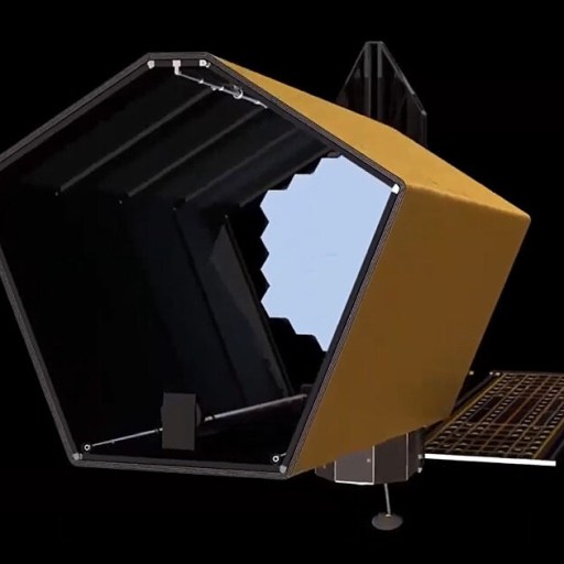 A hexagonal telescope with a gold exterior and an open, black interior is shown against a black background, highlighting NASA habitable worlds observatory science.
