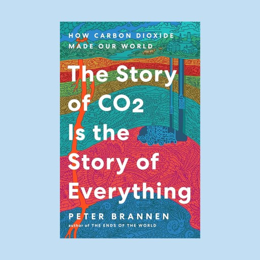 Book cover for "The Story of CO2 Is the Story of Everything" by Peter Brannen, featuring colorful, stylized illustrations of landscapes, industrial structures, and the role of fire in human evolution.