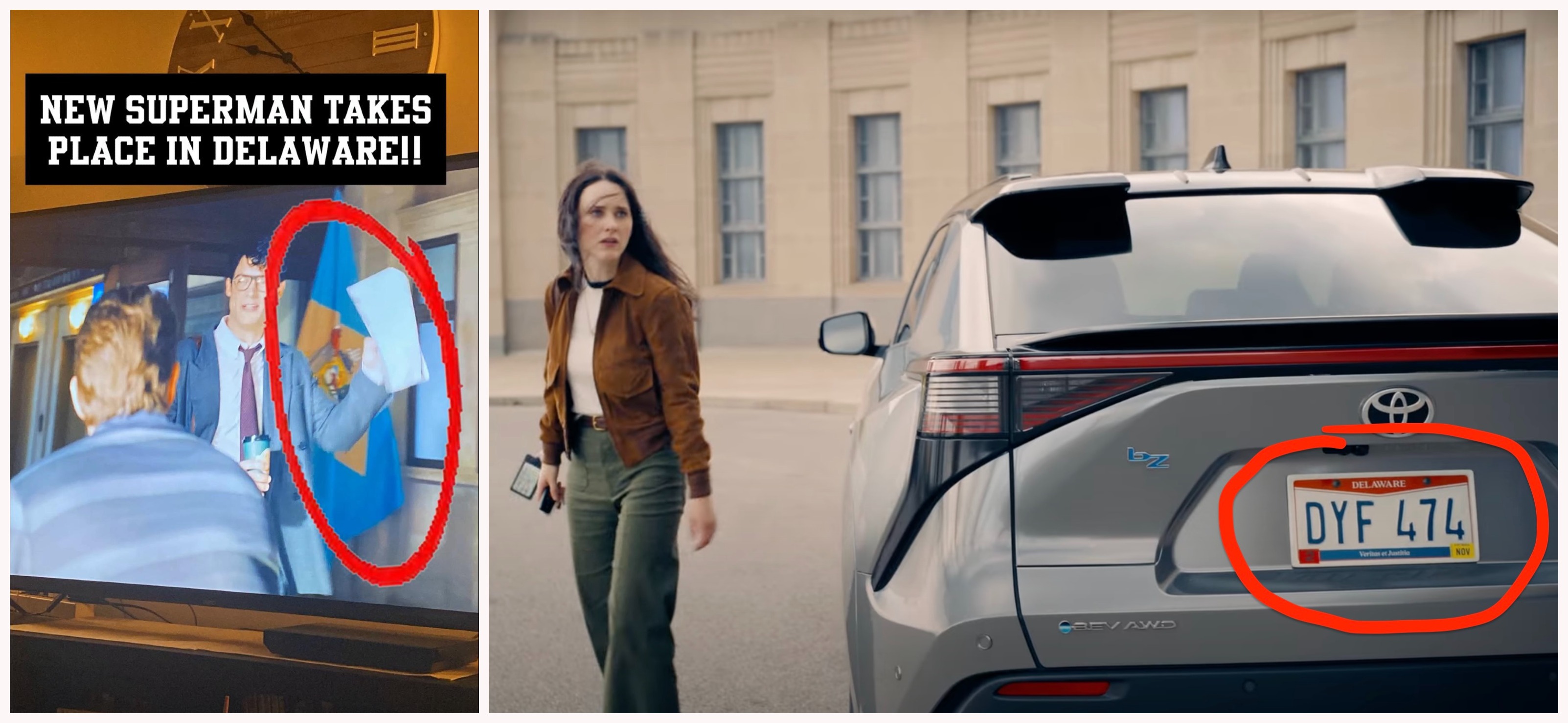 Split image: Left shows a TV scene with Delaware state flag circled. Right shows a woman by a car with a Delaware license plate, also circled. Text on left reads "NEW SUPERMAN TAKES PLACE IN DELAWARE!!.