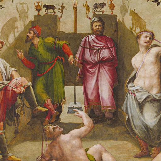 A group of people in ancient attire react to shadows cast on a wall, referencing Plato’s Allegory of the Cave.